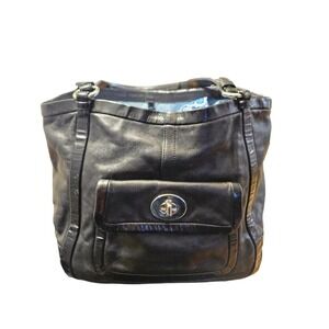 Coach Black Pebbled Leather Tote Bag Patent Trim Turnlock Shoulder Bag
